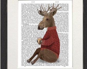 Moose in Sweater Antiquarian Book Print, Lodge Cabin Wall Art