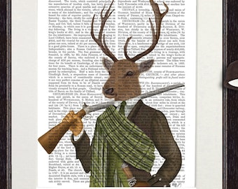 Deer hunting art decor, Highland red deer stag with shotgun rifle, Scottish art print gift for Scotsman, Framed or unframed art made in UK