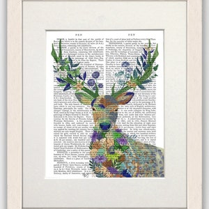 Deer painting, Stag print, Floral decor, Deer art print, Woodland deer gift, Flower canvas art, Book page art, Framed Print, Deer poster