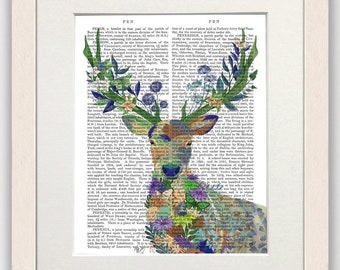 Deer painting, Stag print, Floral decor, Deer art print, Woodland deer gift, Flower canvas art, Book page art, Framed Print, Deer poster