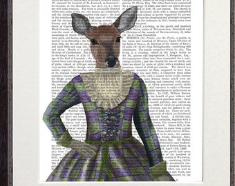 Scottish red deer picture, Print of deer in tartan dress, Highland home decor made in UK, Female red deer print framed or unframed wall art