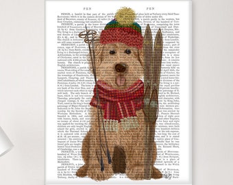 May include: A brown and white dog wearing a red scarf and a blue and white knit hat is holding a pair of ski poles and a pair of skis. The dog is sitting on a white background with black text.