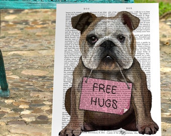 English Bulldog 'Free Hugs' Print – Antique Book Page Dog Art