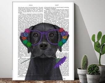 Black Labrador Flower Glasses Print – Dog Lover Gift
