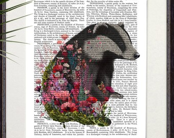 Badger wall art, Botanical wildflower whimsy mixed realism & abstract painting vibrant floral illustration of nature inspired animal decor