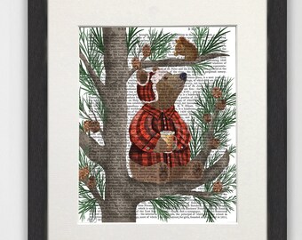 Lumberjack Bear Coffee Break Print, Woodland Nursery Art