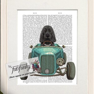 Cocker Spaniel Black Dog Art Print in Hot Rod Car, Auto Shop Poster, Funny Dog in Vintage Style Custom Classic Car Print Garage Wall Art