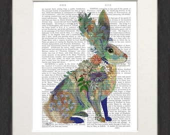 Estampado floral de liebre, ilustración de conejo en la página de un libro antiguo.