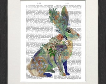 Stampa lepre, Arte del coniglio, Arte animale del bosco, Pittura della lepre, Stampa del coniglio, Arte floreale della parete, Stampa della cornice, Arte della tela, Poster del coniglio Regalo del coniglio