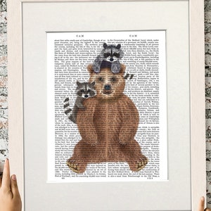 Bear illustration, Raccoon art print, Woodland animal art, Cabin decor, Lodge wall art, Fall wall art decor, Bear print, Lake house decor