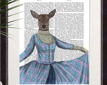 Deer in Scottish tartan dress, Highland deer print on vintage book page, Wall art for country home living room, Framed art gift by UK artist