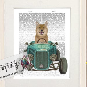 Shiba Inu Dog Art Print in Hot Rod Car, Auto Shop Poster, Funny Dog in Vintage Style Custom Classic Car Print Garage Wall Art Décor