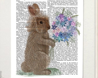 Fluffy bunny print, Rabbit painting, Woodland decor, Bunny rabbit art, Flower bouquet art, Floral print, Framed print, Canvas art, Wall art