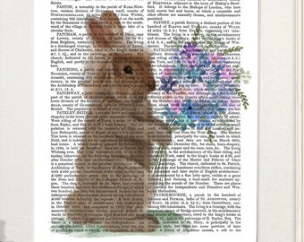 FabFunky Bunny Flower Bouquet Print, Antiquarian Book Art