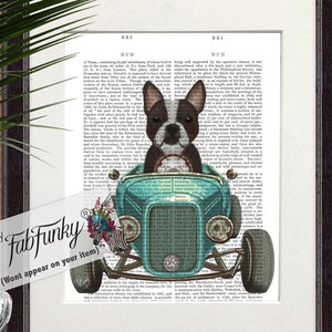 Boston Terrier Dog Art Print in Hot Rod Car, Auto Shop Poster, Funny Dog in Vintage Style Custom Classic Car Print Garage Wall Art Decor