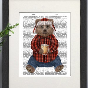 Bear art print, Lumberjack bear, Bear with latte, Woodland bear, Fall decor, Print on book page, Cabin decor, Lake house decor, Framed print