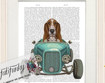 Basset Hound Dog Art Print in Hot Rod Car, Auto Shop Poster, Funny Dog in Vintage Style Custom Classic Car Print Garage Wall Art Decor