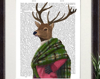 Scottish deer print, Traditional Highland stag in tartan scarf, Gift for Scotsman made in Uk, Highland home decor wall art framed painting