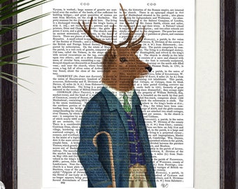 Red deer portrait, Print of Scottish deer in tweed jacket, Woodland lodge decor for country home, Highland gift for him, Book page wall art