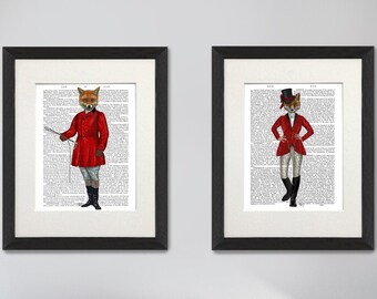 Fox hunters set of 2 prints, Woodland fox art, Fox print, Country couple gift, Dictionary paper, Art collection, Foxy decor, Wall art canvas
