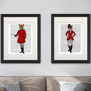Vossenjagers set van 2 prints, Woodland fox art, Fox print, Country paar cadeau, Woordenboek papier, Kunstcollectie, Foxy decor, Wall art canvas