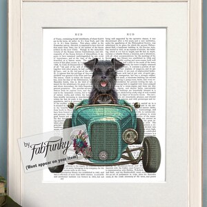 Schnauzer Black Dog Art Print in Hot Rod Car, Auto Shop Poster, Funny Dog in Vintage Style Custom Classic Car Print Garage Wall Art Décor