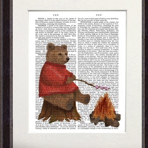 Bear roasting marshmallows, Bear in jumper, Woodland bear print, Lodge decor, Fall art print, Cabin decor, Nursery wall art, Framed print