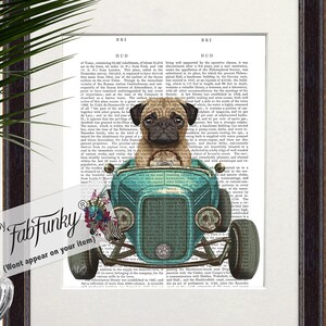 Pug Fawn Dog Art Print in Hot Rod Car, Auto Shop Poster, Funny Dog in Vintage Style Custom Classic Car Print Garage Wall Art Décor