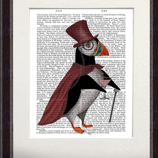 Puffin in top hat with cocktail and cane, Framed print of a puffin bird, Cocktail bar decor gift, Puffin print on vintage recycled book page