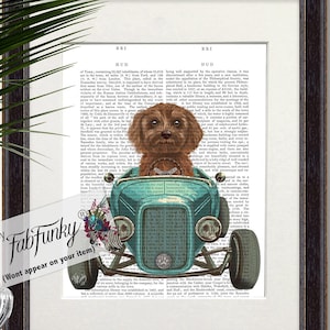 Cavapoo Brown Dog Art Print in Hot Rod Car, Auto Shop Poster, Funny Dog in Vintage Style Custom Classic Car Print Garage Wall Art Decor