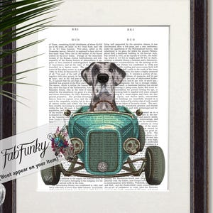 Great Dane Harlequin Dog Art Print in Hot Rod Car, Auto Shop Poster, Funny Dog in Vintage Style Custom Classic Car Print Garage Wall Art