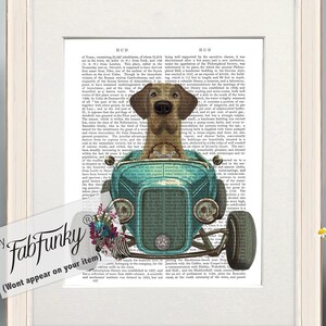 Great Dane Fawn Dog Art Print in Hot Rod Car, Auto Shop Poster, Funny Dog in Vintage Style Custom Classic Car Print Garage Wall Art Décor