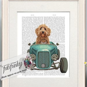 Goldendoodle Dog Art Print in Hot Rod Car, Auto Shop Poster, Funny Dog in Vintage Style Custom Classic Car Print Garage Wall Art Décor