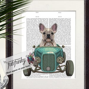 French Bulldog White Dog Art Print in Hot Rod Car, Auto Shop Poster, Funny Dog in Vintage Style Custom Classic Car Print Garage Wall Art