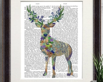 Deer Print, Woodland Deer Art, Deer Painting, Stag Art Print, Deer Antler Picture, Floral art, Flower poster, Framed print, Canvas art print