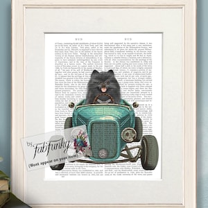 Pomeranian Black Dog Art Print in Hot Rod Car, Auto Shop Poster, Funny Dog in Vintage Style Custom Classic Car Print Garage Wall Art Décor