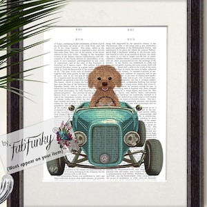 Poodle Toy Brown Dog Art Print in Hot Rod Car, Auto Shop Poster, Funny Dog in Vintage Style Custom Classic Car Print Garage Wall Art Décor