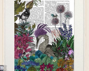 Colourful book print, Bird art print, Floral wall art, Dictionary print, Tropical framed art, Bird decor, Botanical art, Glorious plumes 5
