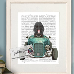 Poodle Black Dog Art Print in Hot Rod Car, Auto Shop Poster, Funny Dog in Vintage Style Custom Classic Car Print Garage Wall Art Décor