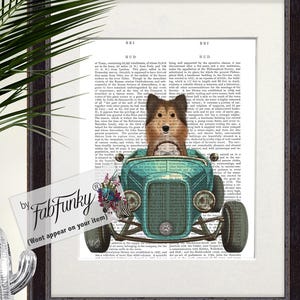 Shetland Sheepdog Dog Art Print in Hot Rod Car, Auto Shop Poster, Funny Dog in Vintage Style Custom Classic Car Print Garage Wall Art Décor