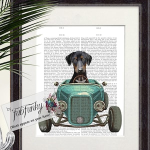 Doberman Black Uncropped Dog Art Print in Hot Rod Car, Auto Shop Poster, Funny Dog in Vintage Style Custom Classic Car Print Garage Wall Art