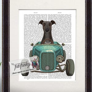 Greyhound Black Dog Art Print in Hot Rod Car, Auto Shop Poster, Funny Dog in Vintage Style Custom Classic Car Print Garage Wall Art Décor