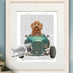 Labradoodle Gold Dog Art Print in Hot Rod Car, Auto Shop Poster, Funny Dog in Vintage Style Custom Classic Car Print Garage Wall Art Décor