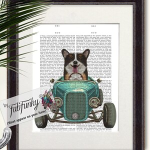 Corgi Tricolour Dog Art Print in Hot Rod Car, Auto Shop Poster, Funny Dog in Vintage Style Custom Classic Car Print Garage Wall Art Decor