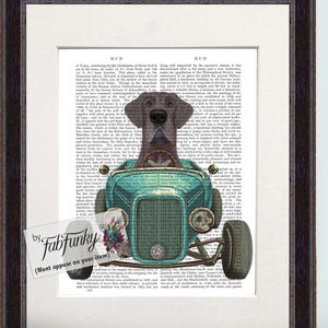 Great Dane Blue Dog Art Print in Hot Rod Car, Auto Shop Poster, Funny Dog in Vintage Style Custom Classic Car Print Garage Wall Art Décor
