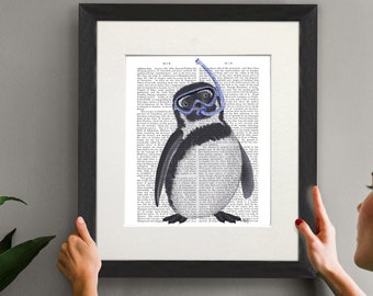 Bathroom decor - Penguin with snorkel - Kids bathroom art Gift for swimmer Beach house decor Coastal art print Large beach wall art summer