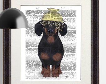 Dachshund with Colander Art Print, Funny Kitchen Decor