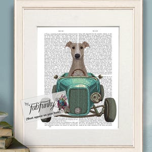 Greyhound Fawn Dog Art Print in Hot Rod Car, Auto Shop Poster, Funny Dog in Vintage Style Custom Classic Car Print Garage Wall Art Décor