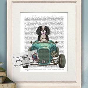 Cavalier King Charles Black White Dog Art Print in Hot Rod Car, Auto Shop Poster, Funny Dog in Vintage Style Custom Classic Car Print Garage