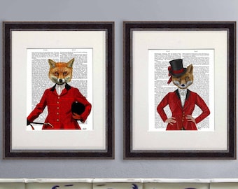 Fox hunting prints, Set of 2 art prints, Fox hunter gifts, Framed or unframed prints made in UK, Country home animal wall art, Large canvas